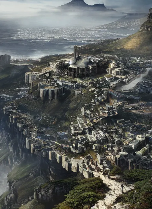 Image similar to chtulu attacking cape town city, table mountain, dense foliage beautiful details, strong composition by kim jung giu weta studio rutkowski, james gurney and greg rutkowski, and lucasfilm