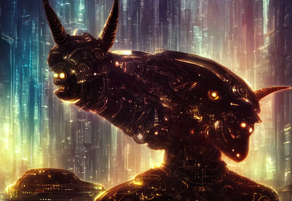 Prompt: cyberpunk Black ram with golden horns portrait, detailed face and eyes, city background, by anato finnstark and leiji matsumoto