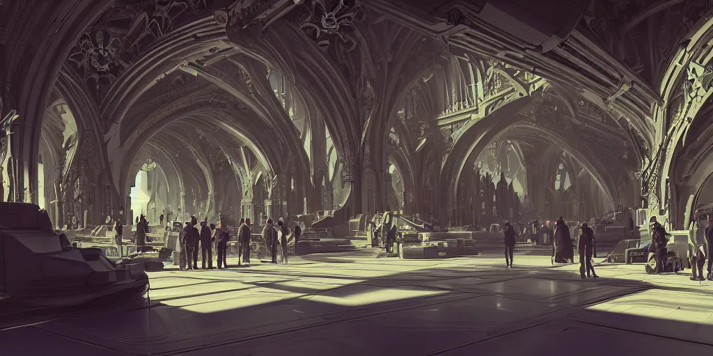 Image similar to cel shaded cinematic shot of the interior of a sci-fi space station with ornate architecture bustling with people and flying cars, epic castle, gothic architecture, emerald, crystalline, detailed illustration, sharp focus, concept art, unreal engine, octane render, god rays