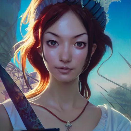 Image similar to highly detailed vfx portrait of nami by eiichiro oda!, stephen bliss, greg rutkowski, loish, rhads, beeple, makoto shinkai, tom bagshaw, alphonse mucha, sharp focus, art by artgerm and greg rutkowski, stanley kubrick, backlit, harsh overhead sunlight,