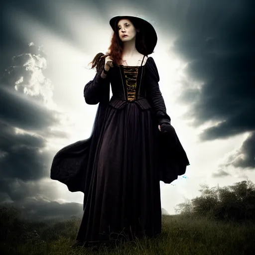 Image similar to photographic portrait of a stunningly beautiful female renaissance witch, dark moody clouds, god rays, contemporary fashion shoot, by edward robert hughes, annie leibovitz and steve mccurry, david lazar, jimmy nelsson, breathtaking, 8 k resolution, extremely detailed, establishing shot, artistic, hyperrealistic, perfect face, octane render