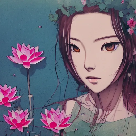 Image similar to landscape， stencil, anime, traditional Japanese, beautiful portrait of a girl surrounded by flowers, half of her body in a lotus pond,by artgerm， by Førtifem, digital art, purple color scheme