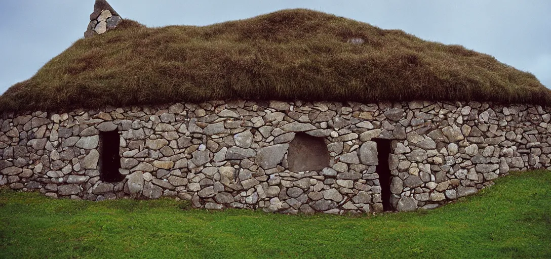 Image similar to postmodern scottish blackhouse. fujinon premista 1 9 - 4 5 mm t 2. 9. portra 8 0 0.