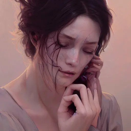 Image similar to a beautiful crying woman with tears, highly detailed, digital painting, artstation, concept art, smooth, sharp, focus, illustration, art by artgerm and greg rutkowski and alphonse mucha