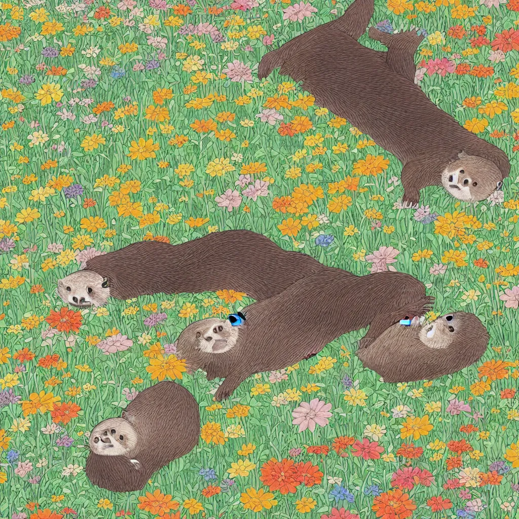 Image similar to a color manga illustration of an otter and a sloth lying in a field of wildflowers and eating sushi. the view is top down. his mood is one of delicious bliss. the image is illustrated in high colorful detail by masashi kishimoto and is very very very detailed.