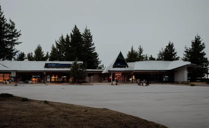 Prompt: exterior photo of the port byron travel plaza, a boring white a - frame build, depressing scene from being john malcovich film directed by charlie kaufman ( 2 0 0 1 ), moody cinematography and lighting, 2 4 mm anamorphic lens