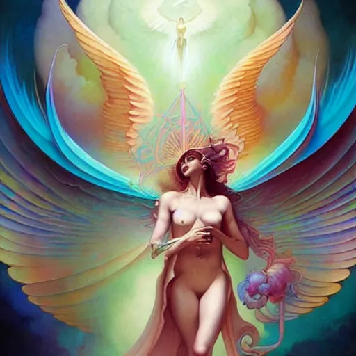 Image similar to psychedelic angelic celestial being artwork of peter mohrbacher, frank xavier leyendecker, energy body, sacred geometry, esoteric art, divinity detailed, saturated colors,