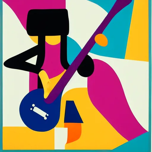 Image similar to portrait of a person playing guitar, abstract painting in the style of Sophie Taeuber-Arp and Gary Hume and Tatsuro Kiuchi, flat colour-block style, geometric abstraction, dark colours