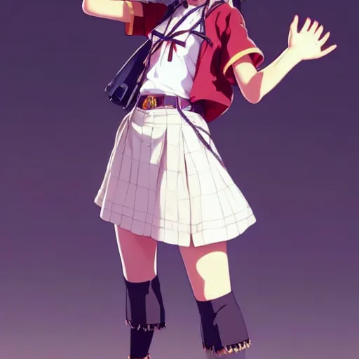 Image similar to a beautiful! boyish! natalie portman model, wearing catholic school girl outfit with mayan pattern and native style, aztec street fashion, guilty gear art direction, gapmoe yandere grimdark, trending on pixiv fanbox, painted by greg rutkowski makoto shinkai takashi takeuchi studio ghibli, akihiko yoshida