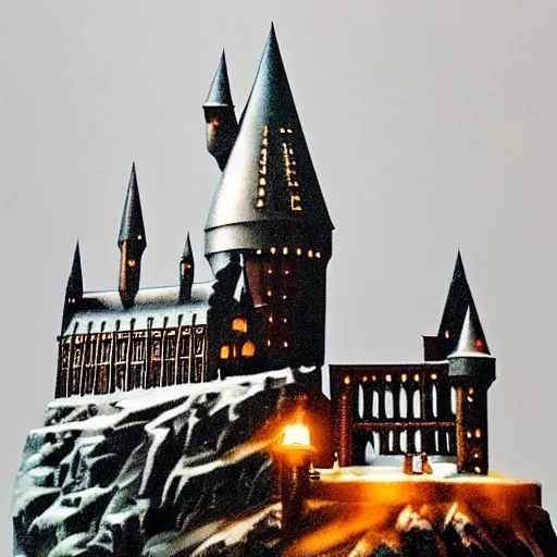 Prompt: photograph of hogwarts at night, highly detailed, smooth, sharp focus, winter