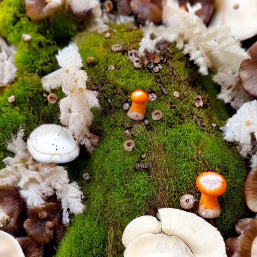 Prompt: Forest microcosm, a composition of brown white orange moss and mushrooms| 8k| sharpen| detailed| Flemish Baroque| Surrealist| fluffy thick detailed moss| white grey witch crystals