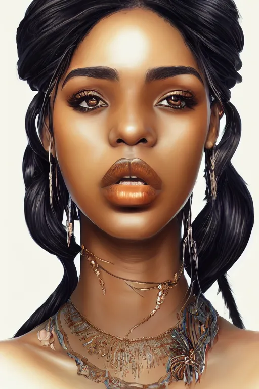 Image similar to A bust of a beautiful dark skinned Dominican Republic girl with large lips and smooth eyebrows and straight hair, HD, illustration, epic, fantasy, intricate, elegant, amazing detail, digital painting, artstation, concept art, smooth, sharp focus, illustration, art by Turine Tran