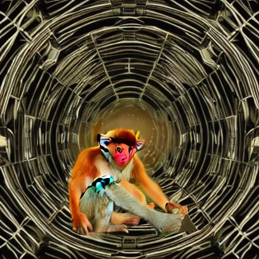 Image similar to macaque inside alien base, digital art,