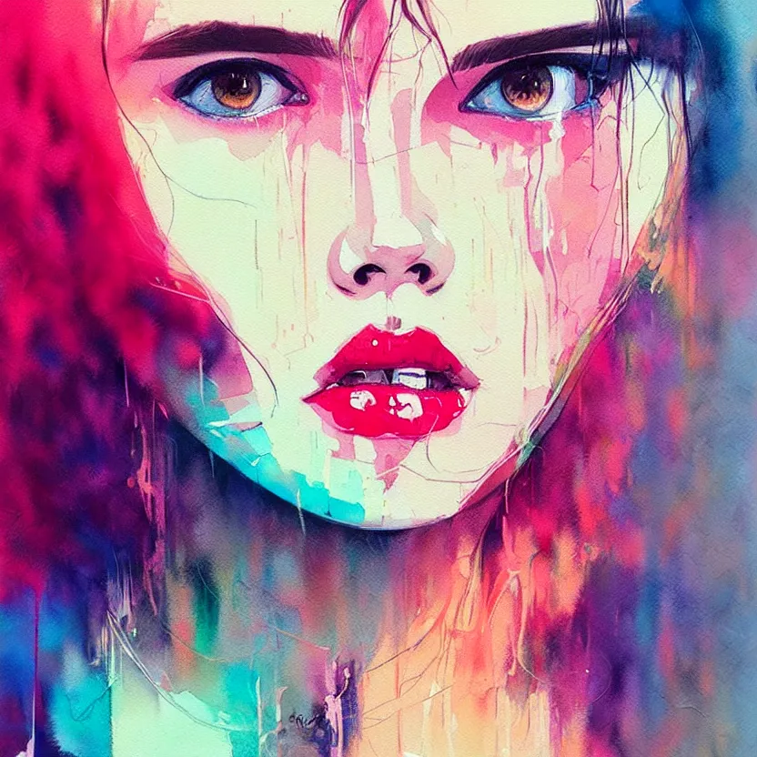 Image similar to close up portrait painting of a female in nineties street styling, concept art, intricate details, aesthetically pleasing pastel colors, art by conrad roset, impressionism, watercolor, portrait