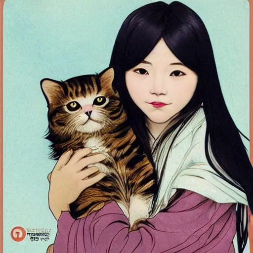 Prompt: cute emo taiwanese woman, with long dark hair, thick eyebrows!!! dark eyes and dark circles!, wide nose!!!, big eyes, oval face shape, big cheeks!, she is holding a cat in her arms, by juan villafuerte, greg rutkowski and alphonse mucha, pexels contest winner, high quality photo, hd rtx