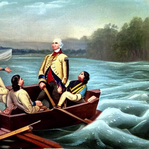 Image similar to painting of george washington talking on his iphone as he crosses the delaware river