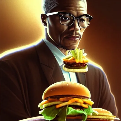 Image similar to portrait of Malcolm X eating big mac hamburgers, extra onions and ketchup, hyperdetails, displacement mapped octane render, luscious patty with sesame seeds, ethereal, handsome, D&D, fantasy, intricate, elegant, highly detailed, digital painting, artstation, concept art, matte, sharp focus, illustration, art by Artgerm and Greg Rutkowski and Alphonse Mucha