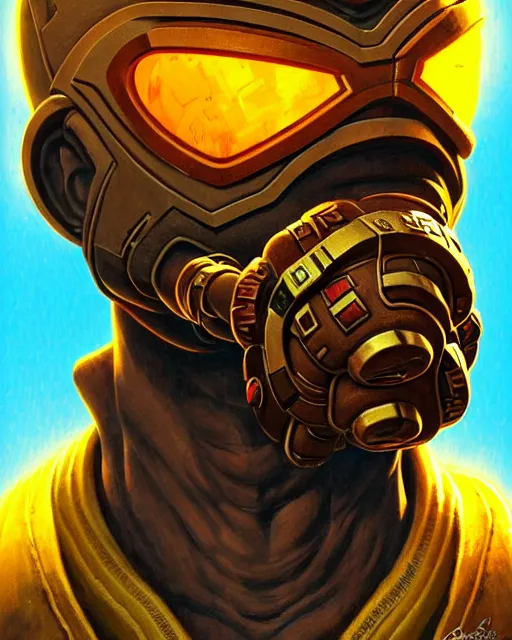 Image similar to doomfist from overwatch, character portrait, portrait, close up, concept art, intricate details, highly detailed, vintage sci - fi poster, retro future, vintage sci - fi art, in the style of chris foss, rodger dean, moebius, michael whelan, and gustave dore