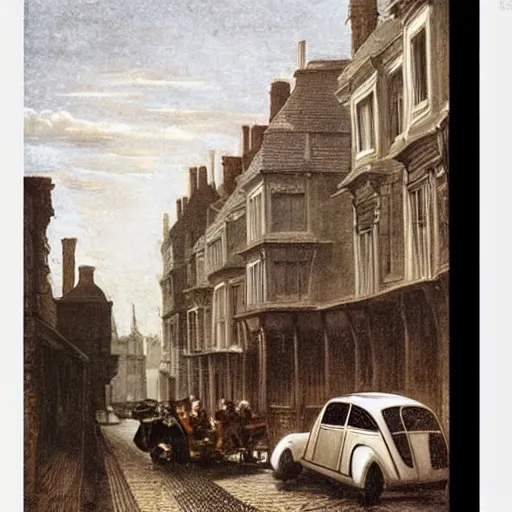 Image similar to a Victorian street in 1840, Mini Cooper S, by Caravaggio