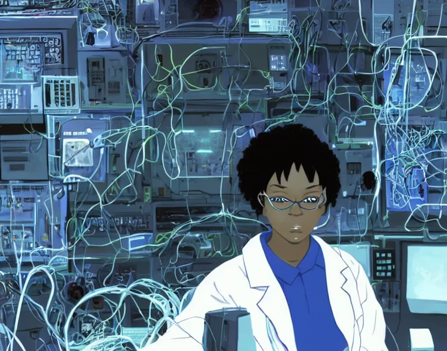 Image similar to dark skin woman wearing a white lab coat with a blue haircut, connected to wires, surrounded by 1 9 8 0 s computers, in the style of serial experiments lain and 9 0 s anime, dynamic lighting, dark ambience, cell - shaded, detailed face, retro tech