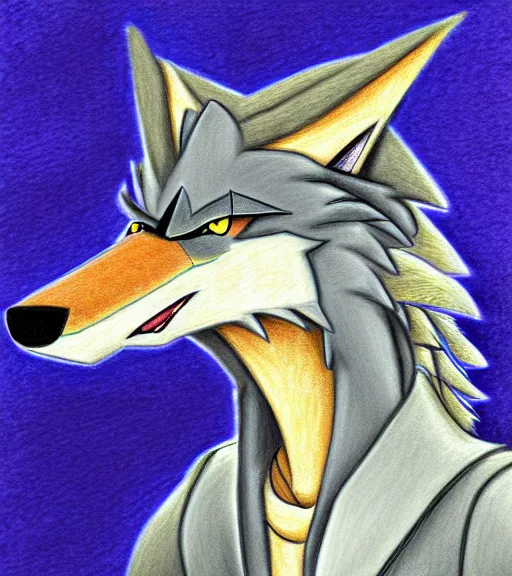 Image similar to expressive stylized master furry artist digital colored pencil painting full body portrait character study of the sergal wolf small head fursona animal person wearing clothes jacket and jeans by master furry artist blotch