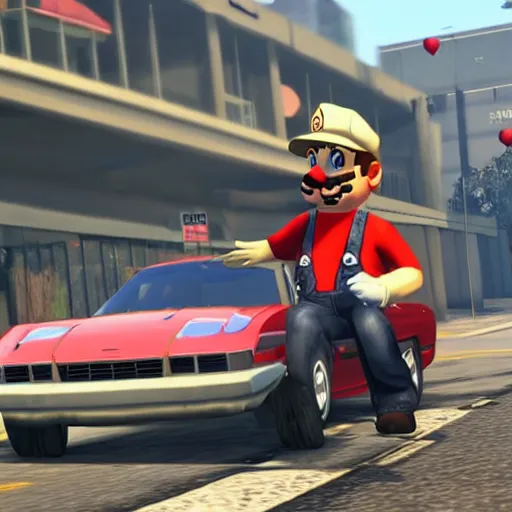 Image similar to a screenshot of GTA V with mario driving a car