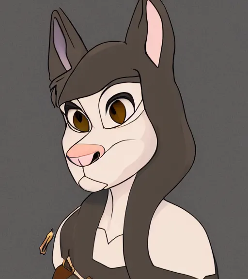 Image similar to digital drawing bust of anthromorphic female wolf, in style of zootopia, zootopia, zootopia, fursona, furry, furaffinity, 4 k, deviantart, furry art, fursona art, wearing black business suit, business suit, in style of zootopia, wolf fursona, cyberpunk, female, expressive detailed feminine face,
