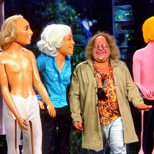 Image similar to danny devito hippy guest appearance on the elen degeneres show, plastic mannequins with cone shaped heads in the crowd, highly detailed facial expressions