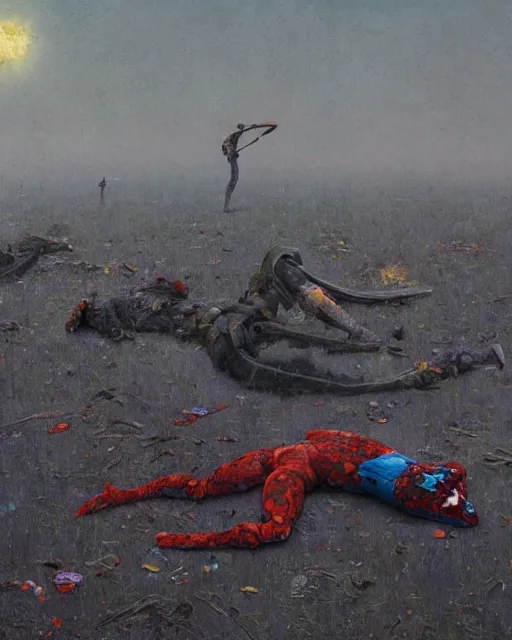 Prompt: dead superheroes on the ground, retrofuturism sci - fi old movie, highly detailed, photorealistic, 8 k, by beksinski and stalenhag