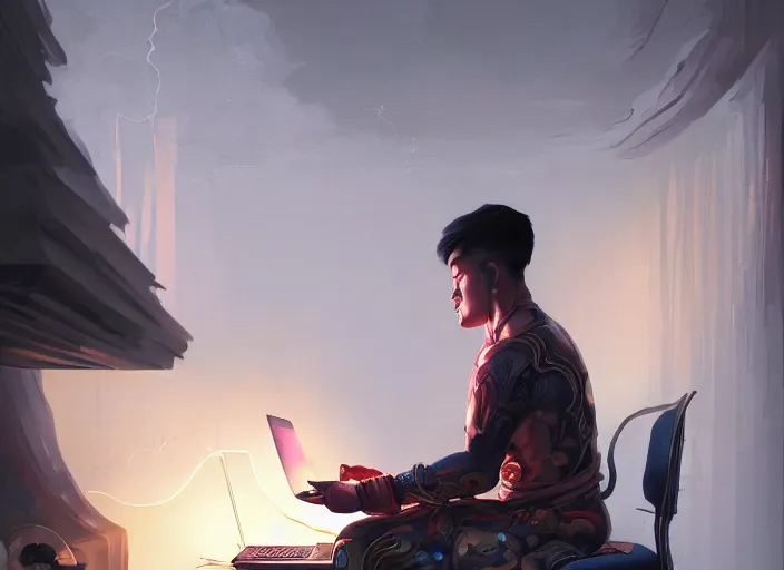 Image similar to an insanely detailed painting of an asian man wearing a homemade superhero costume, sitting at a desk, staring seriously at the computer and typing, in the style of peter mohrbacher, james jean, ruan jia, dramatic lighting and composition, surreal background, octane render, pixar, trending on artstation, concept art, comic book, view from behind, 8 k