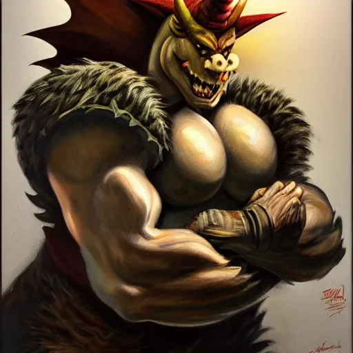 Image similar to A portrait painting of Bowser in the style of Frank Frazetta, 4k, Highly Detailed, Dark Fantasy, Epic Lighting