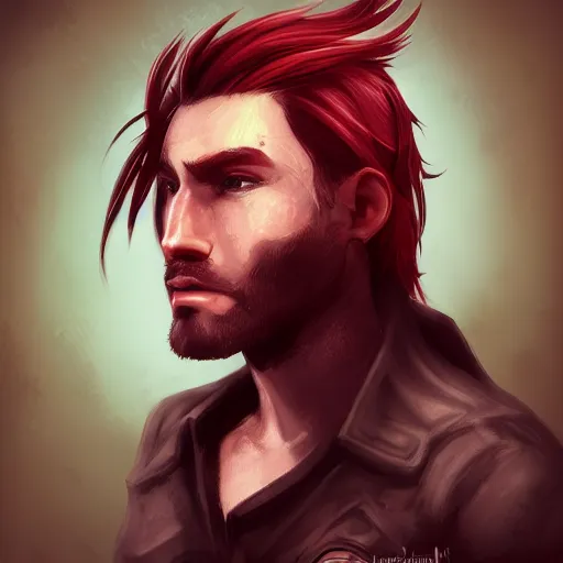 Prompt: portrait, 30 years old man :: ponytail hairstyle, red hair :: burned face :: high detail, digital art, RPG, concept art, illustration