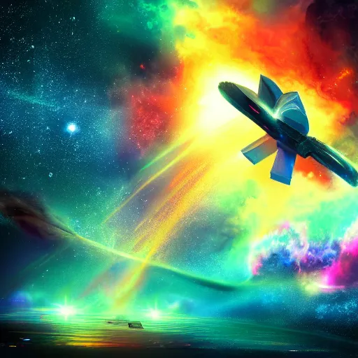 Prompt: a digital painting of a spaceship flying through a beautiful nebula, 8K, trending on art station, realistic, award winning