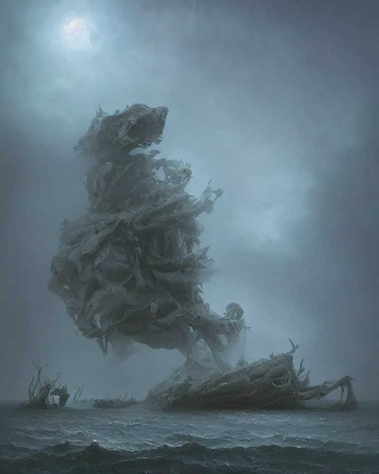 Prompt: a surreal english national opera set by by ross tran and ivan aivazovsky. skulls, big bones, eerie, somber tone. by beeple beksinski. surreal architecture, bizzare landscape, precisionism