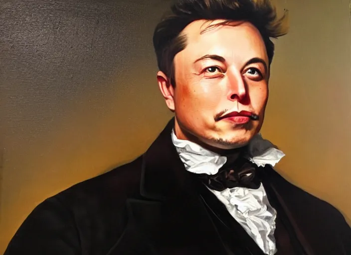 Prompt: oil painting portrait of elon musk in a funny victorian suit firing a musket