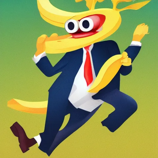 Image similar to an antropomorphic banana wearing a business suit