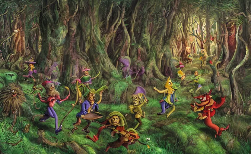 Image similar to a scene of cartoon elves running through a clearing in a dark fantasy forest surrounded by darkness and monster trees. hyperrealist illustration. muted colors. 1 9 7 0's pulp science fiction and fantasy cartoon for alice in wonderland and wizard of oz. highly detailed and richly colored painting by don ivan punchatz and basil gogos. trending on artstation