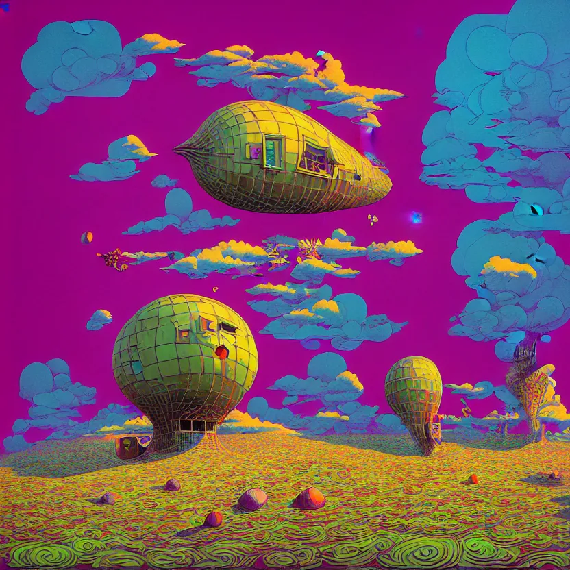 Prompt: surreal glimpse into other universe, zeppelin, island, summer morning, very coherent and colorful high contrast, art by! gediminas pranckevicius! geof darrow, pastel color, volumetric lighting, cinematic, floralpunk screen printing woodblock, dark shadows, hard lighting, stippling art, cel shaded