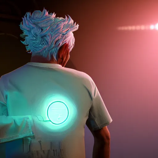 Image similar to portrait of old shaved rick sanchez, lab coat and tee shirt, lens flare, atmosphere, glow, detailed, intricate, full of colour, cinematic lighting, trending on artstation, 4 k, hyperrealistic, focused, extreme details, unreal engine 5, cinematic, masterpiece