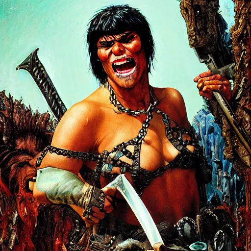 Image similar to grinning rottweiler barbarian, fantasy warrior, drooling, ultra detailed, 4 k, style of norman rockwell, style of richard corben.