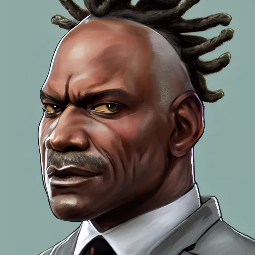 Image similar to a portrait of a muscular older black man with dreads and a suit with a monocle on, D&D, sci-fi, elegant, hopeful, muscular, highly detailed, digital painting, artstation, concept art, smooth, sharp focus, illustration