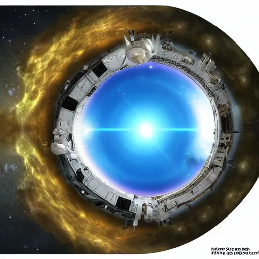 Image similar to a space station in front of a wormhole