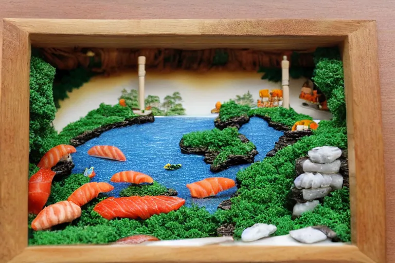 Image similar to miniature island made of sushi, diorama picture, 5 5 mm, sushi - island