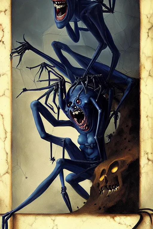 Image similar to hieronymus bosch, greg rutkowski, anna podedworna, painting of a dark blue skinned elf screaming as it transforms into a spider demon