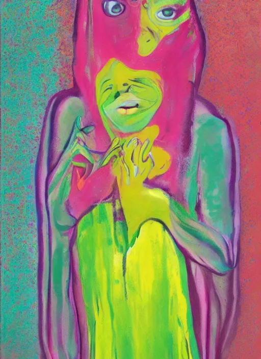 Prompt: beautiful girl in burka, full body, grotesque, doomed, acrylic paint, gouache on canvas, vibrant colors, grotesque, wrapped thermal background, art francis bacon