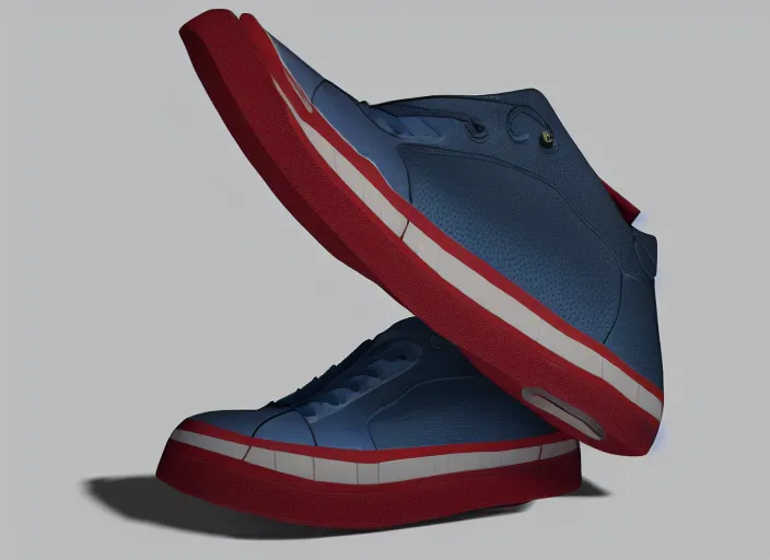 Image similar to sneakers of captain america by tim burton, view from the side, render, cinema 4 d, octane render