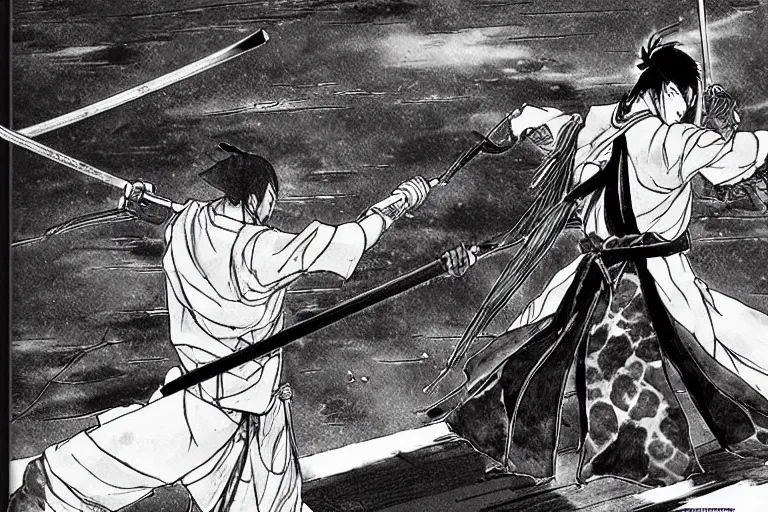 Image similar to epic and cinematographic samurai duel, black and white mange by takehiko inoue and Hiroshi Hirata