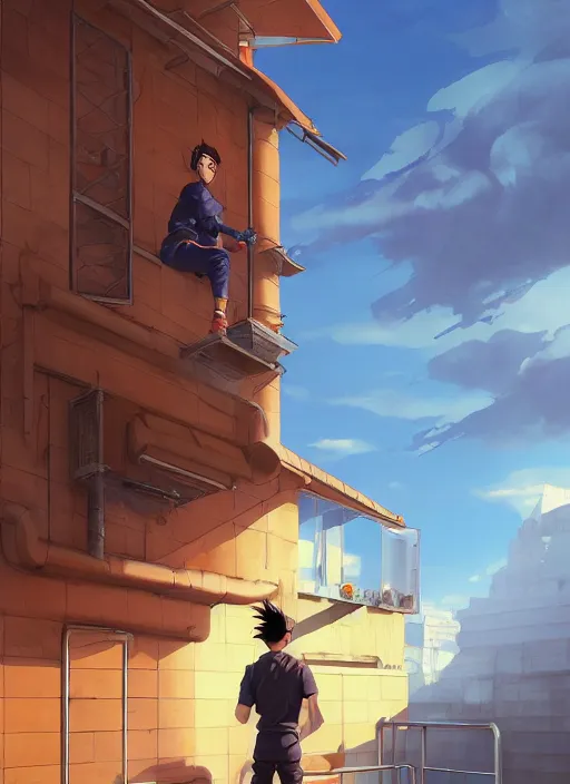 Image similar to highly detailed krillin standing outside building with a window with metal bars and naruto uzumaki with black hair behind them art by greg rutkowski, loish, rhads, ferdinand knab, makoto shinkai and lois van baarle, ilya kuvshinov, rossdraws, tom bagshaw, global illumination, radiant light, detailed and intricate environment