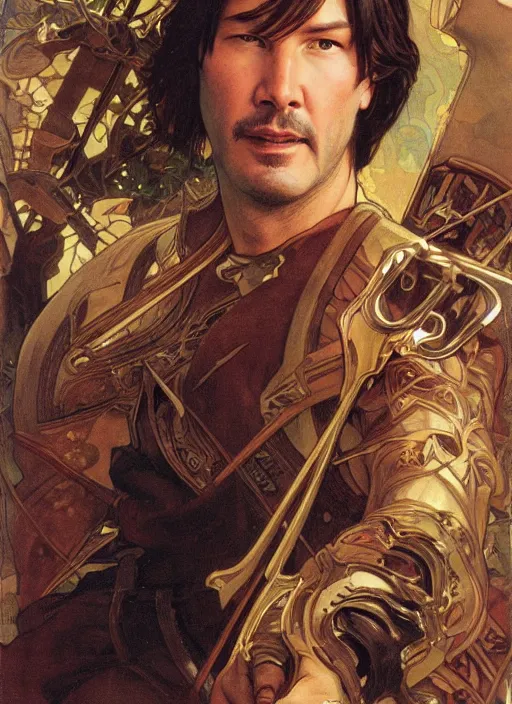 Prompt: keanu reeves in the slumps holding crossbow brown skin golden hair brown leather armor high fantasy dnd smooth sharp focus illustration by rossdraws, alphonse mucha frank fanzzeta