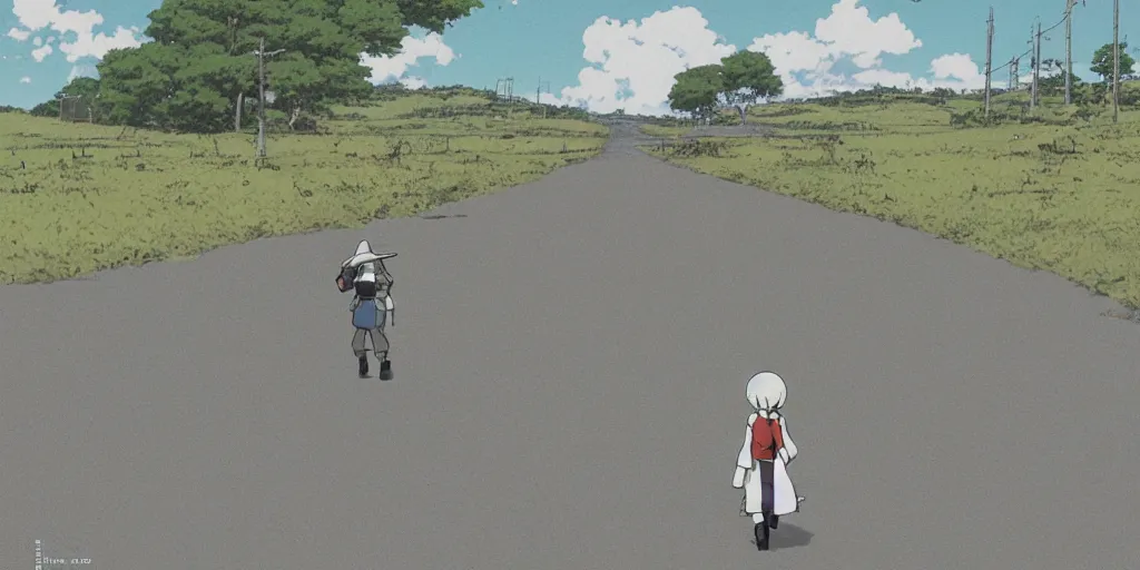 Prompt: A robotic pilgrim walking down a long, empty road, anime style, art by Hayao Miyazaki, art by Studio Ghibli